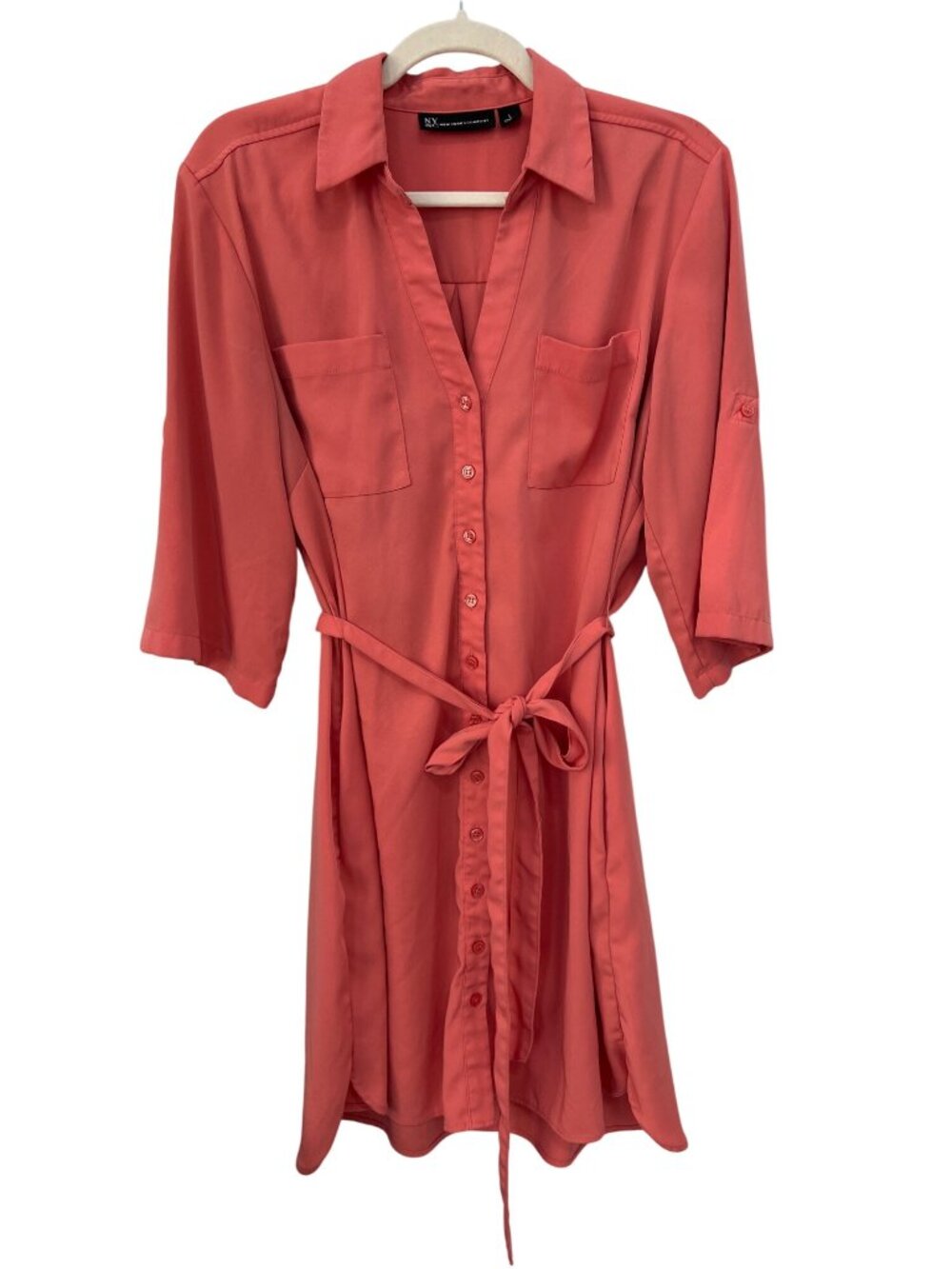 New York & Co Shirt Dress Large Button Front Tie Waist Coral Career Office Wear